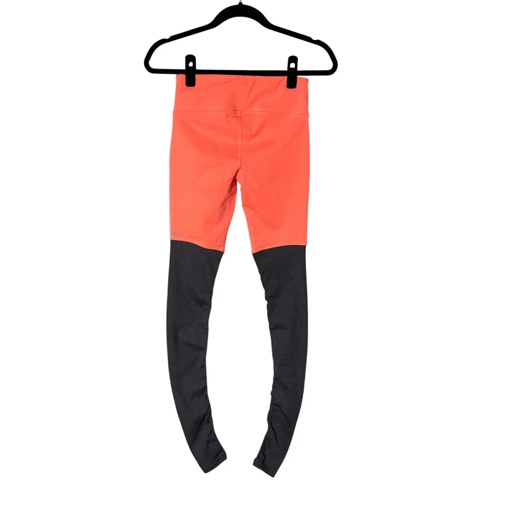 Alo Yoga Womens Goddess Ribbed Leggings Neon Orange Charcoal Grey Size XS